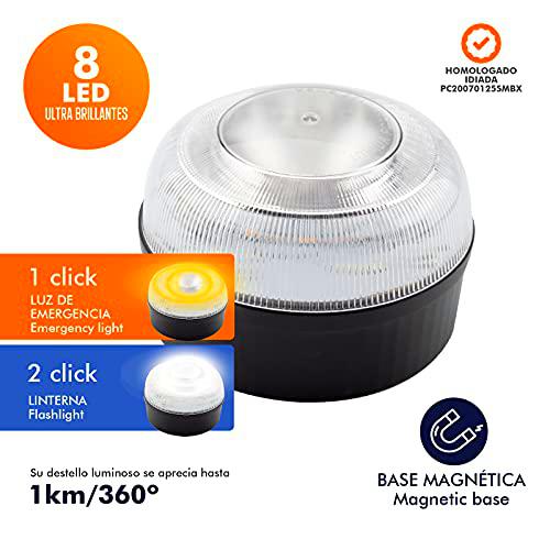 Jocca - Luz de Emergencia Coche V16 Homologada DGT | Helpflash | Sustituye a Triángulos | Base Magnética Antideslizante | Baliza Emergencia Coche | 8 Leds de 1W Cada