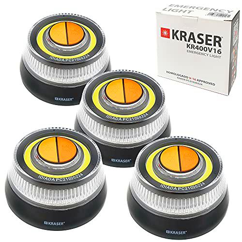 KRASER KR400V16P4 Pack 4 Luz Emergencia Coche Homologada DGT 2 en 1 con Linterna LED de Doble Intensidad y señal V16 de Gran Visibilidad