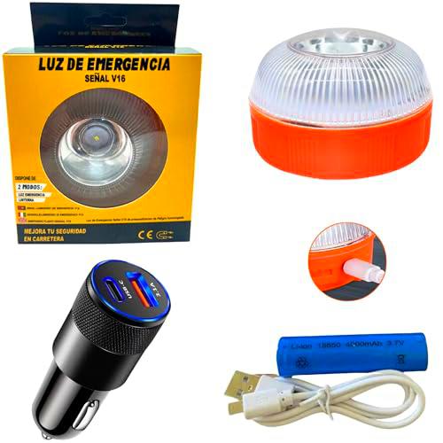 JAZMAN Luz de Emergencia Coche homologado DGT Accesorios para Coche baliza V-16 luz Blanca o Emergencia 1 KM Visibilidad Impermeable IP65 Recargable USB Incluye Cargador para Coches sin conexión USB