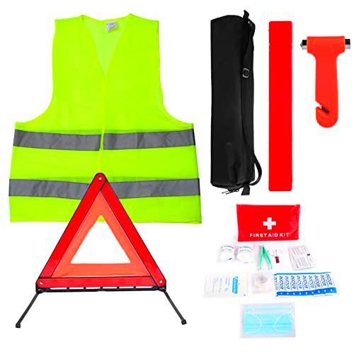 CAMUSBR Kit de Emergencia para Auto, Paquete de 4 Kit de Desglose de Auto con Triángulo de Advertencia Reflectante Plegable Chaleco de Visibilidad Martillo de Seguridad para Emergencias en Carretera