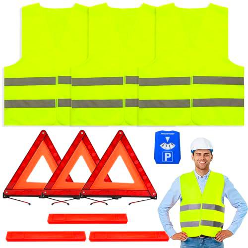 Triangulos Coche Homologados,3 Piezas Chaleco Reflectante Homologado,3 Piezas Plegable Triángulo de Advertencia Dispositivo de Solución de Problemas,Chaleco Reflectante para Coches y Vehículos