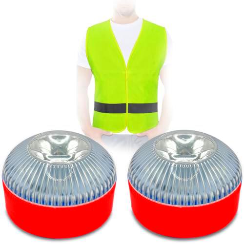 KULTIMA Luz V16 Homologada DGT | 2X Luces de Emergencia Coche + 1 Chaleco Reflectante para Coches, Motos